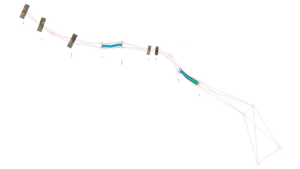 21.5 km corridor alignment with geodetic control network and bridge locations