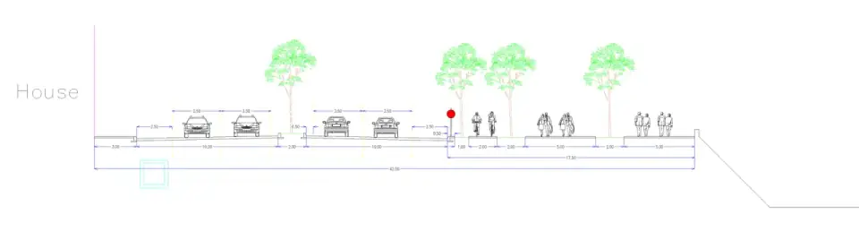 Road cross-section engineering detail showing lanes, pedestrian paths, and underground services