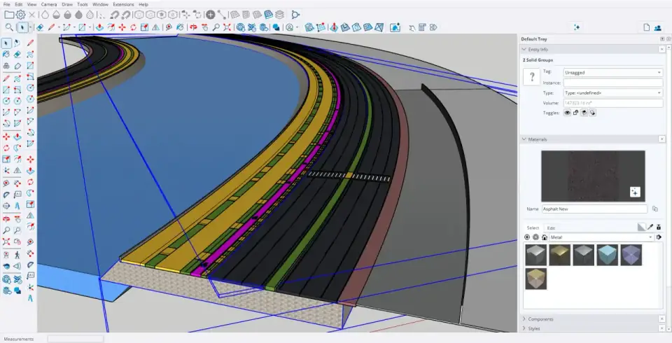 SketchUp 3D road corridor model with multi-lane road, pond, and retaining walls