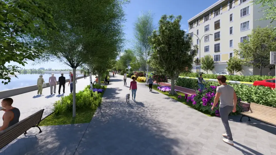 Road design with pedestrian and bicycle lanes along the river