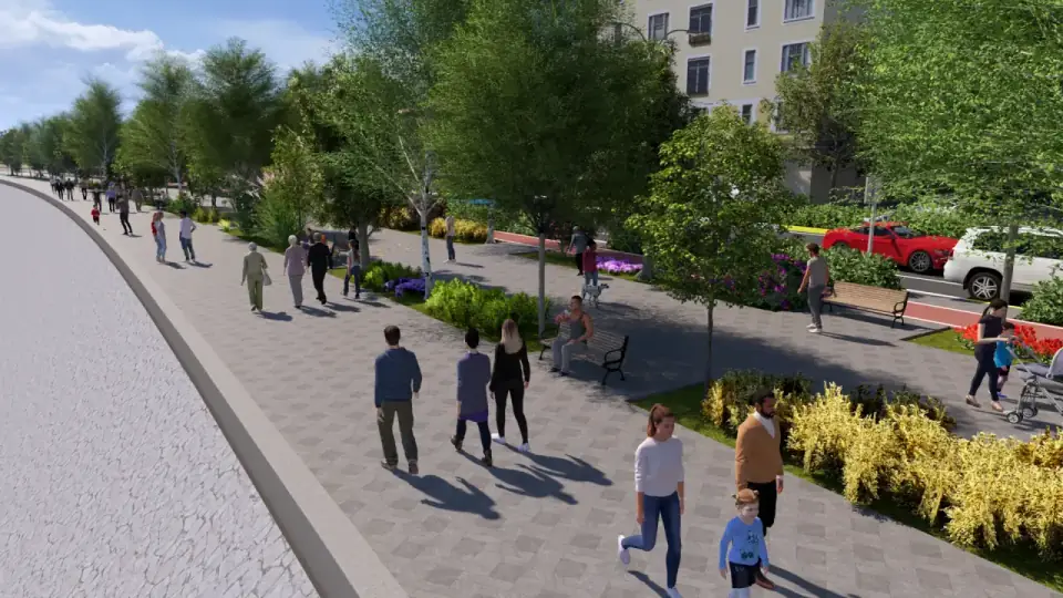 River promenade with cascading ponds and public walkways